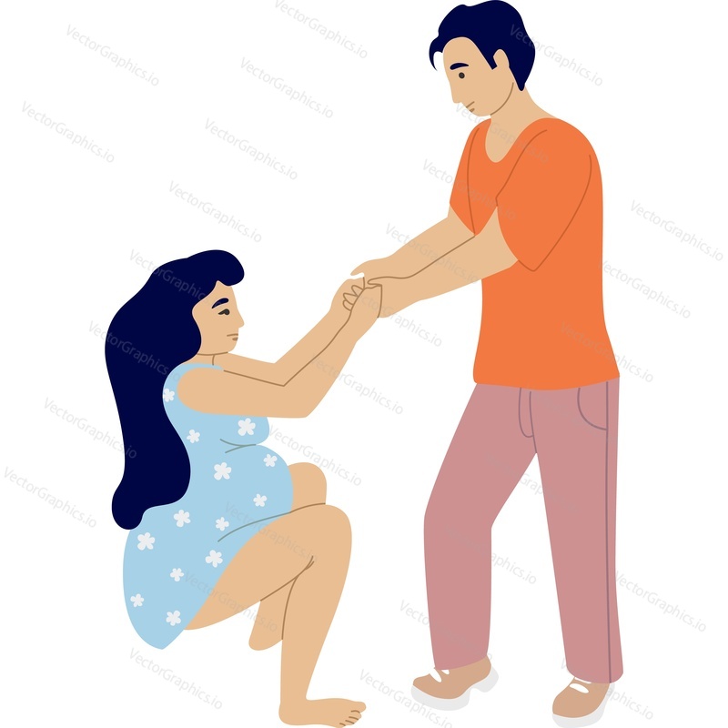 Husband helps pregnant woman give birth vector icon isolated on white background.