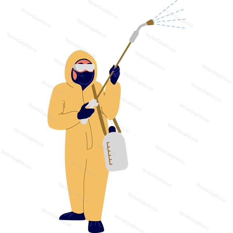 Employee of the sanitary and epidemiological station spraying sanitizer against coronavirus vector icon isolated on white background. Viral pandemic concept.