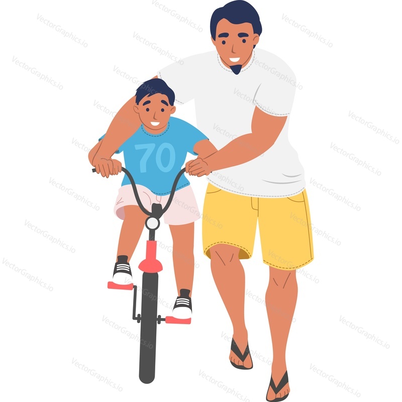 Отец учит сына ездить на велосипеде векторная иконка, изолированная на белом фоне