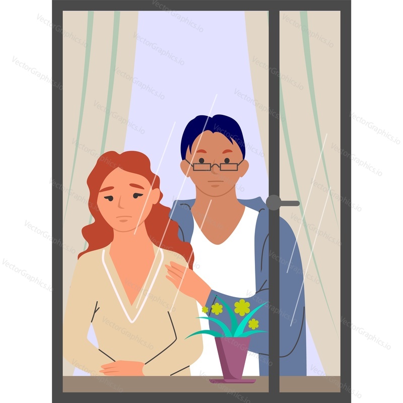 Семейная пара, смотрящая в окно своего дома во время карантина, векторная иконка, выделенная на белом фоне. Концепция вирусной пандемии.