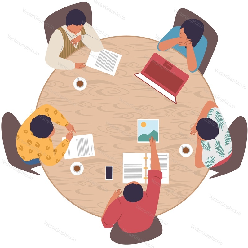 Employee working together at round table vector icon isolated on white background
