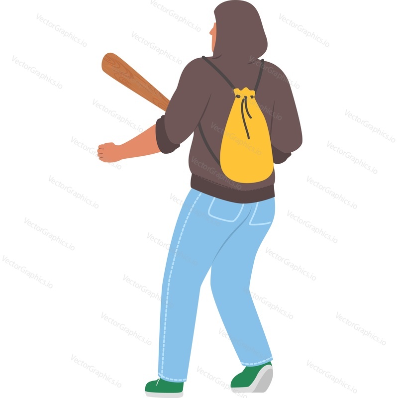 Подросток-хулиган с векторной иконкой деревянной летучей мыши, изолированной на белом фоне