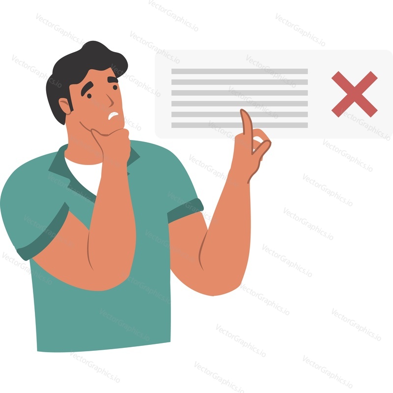 Confused man and project failure vector icon isolated on white background