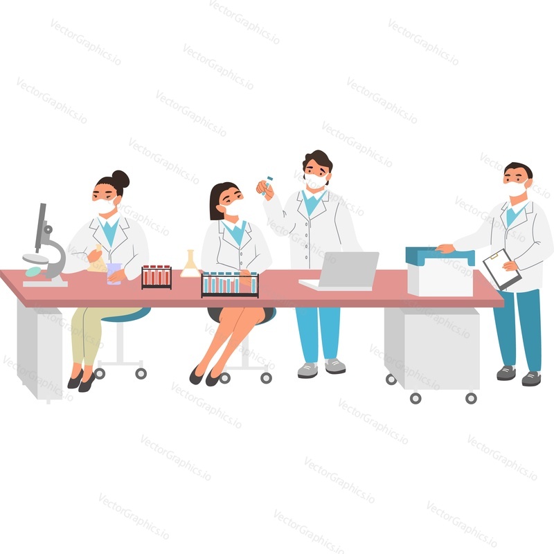 Laboratory workers scientists working on invention of vaccine vector icon isolated on white background. Virus pandemic concept.