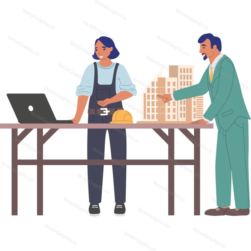Builder and architect discussing blueprint project on laptop vector icon isolated on white background.