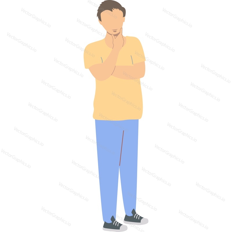 Pensive young man character vector icon isolated on white background.