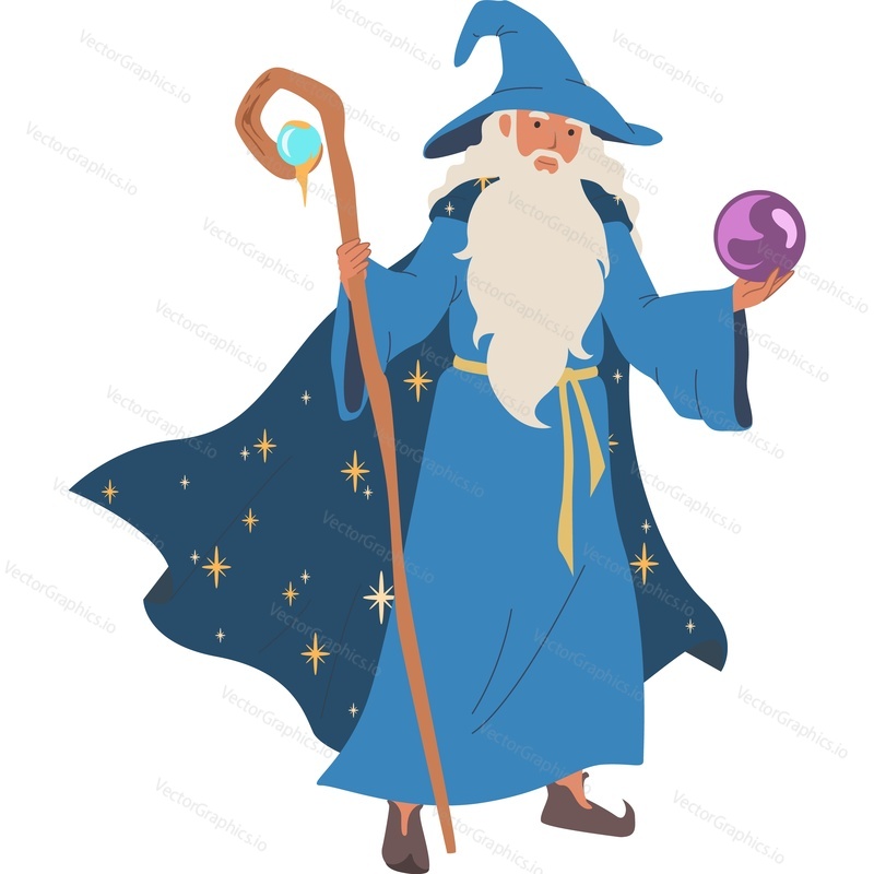 Wizard with magic ball and staff in hand vector icon isolated on white background.