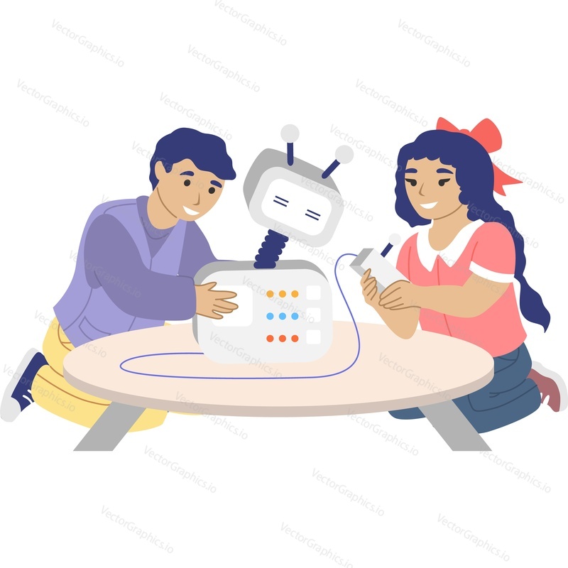 Preteen school girl and boy buidling robot vector icon isolated on white background.