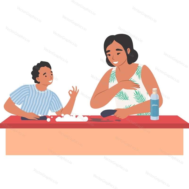 Мать убирает кухонный стол с сыном-ребенком векторной иконкой, изолированной на белом фоне