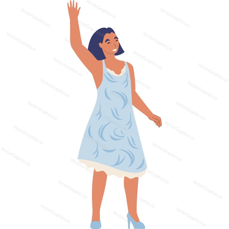 Счастливая улыбающаяся женщина, машущая рукой, векторный значок, изолированный на белом фоне.