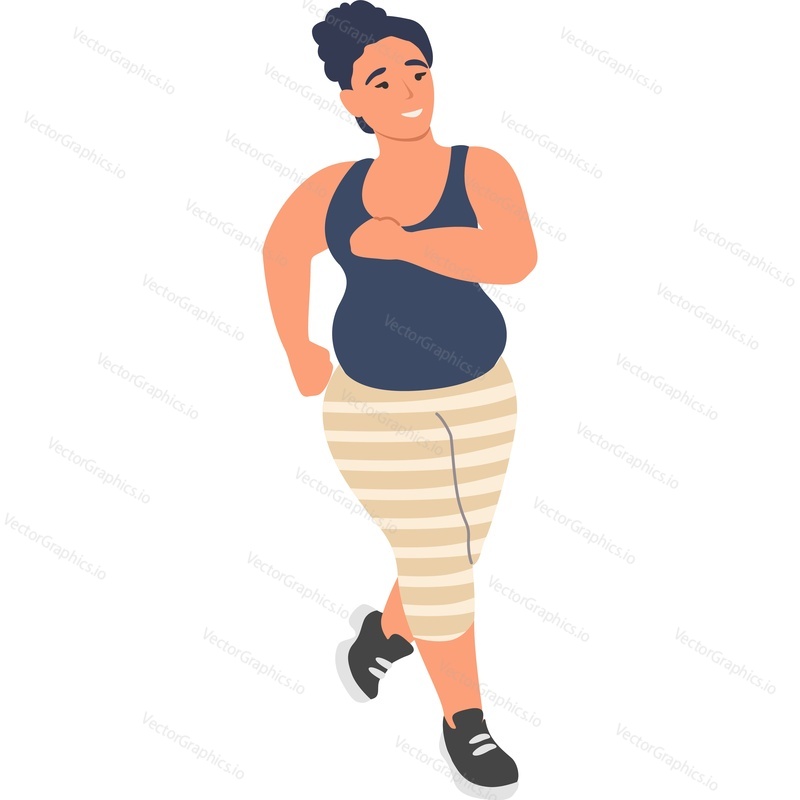 Толстая женщина, бегущая трусцой для похудения, векторный значок, изолированный на белом фоне.
