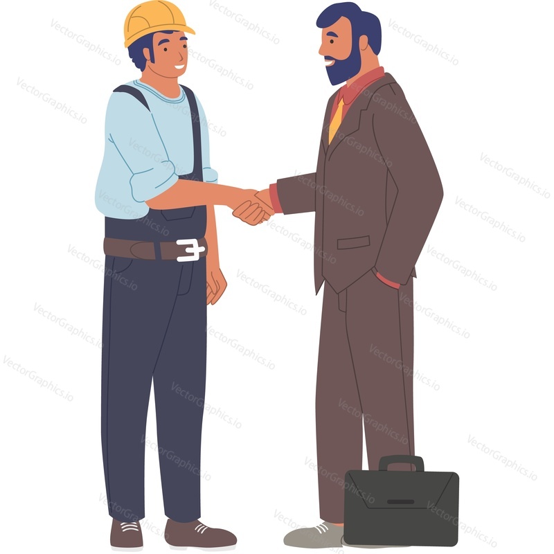 Бизнесмен и строитель пожимают друг другу руки векторной иконкой, изолированной на белом фоне.