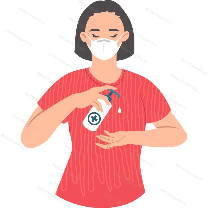Woman wearing medical mask using hand sanitizer vector icon isolated on white background