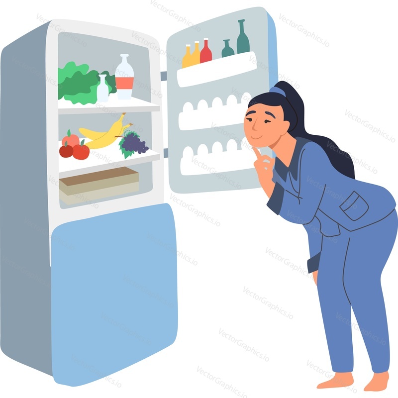 Woman in pajamas choosing what to eat at night looking into open refrigerator vector icon isolated on white background.