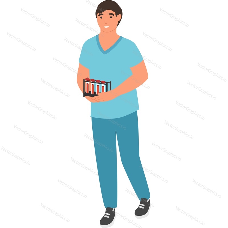 Male laboratory worker carrying blood samples vector icon isolated on white background.
