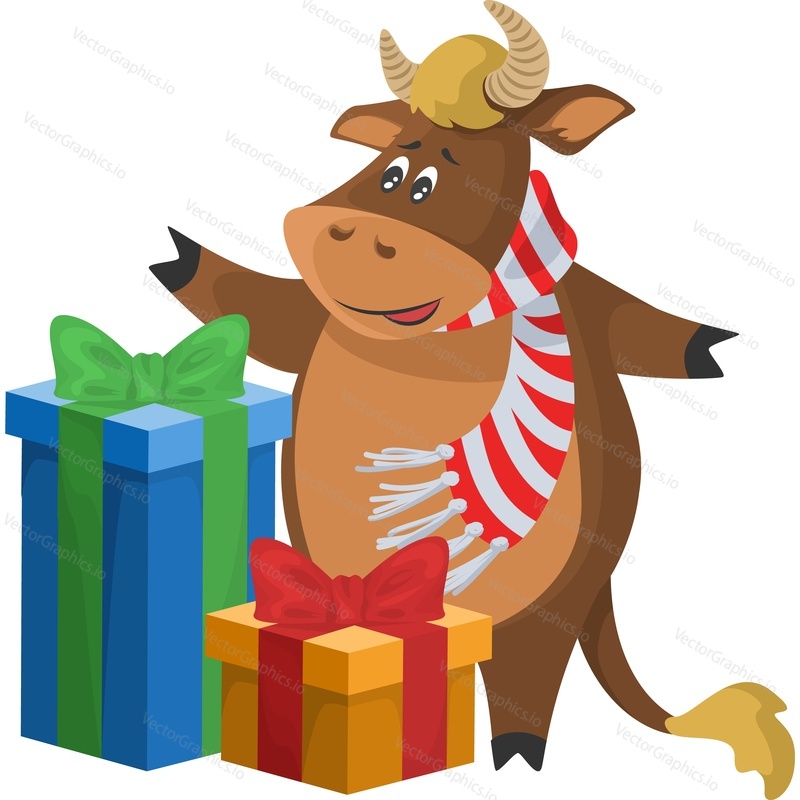 Персонаж рождественской коровы в теплом шарфе и большом количестве векторных иконок подарочной коробки, изолированных на белом фоне.