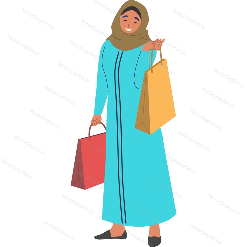 Muslim woman walking with shopping vector icon isolated on white background.