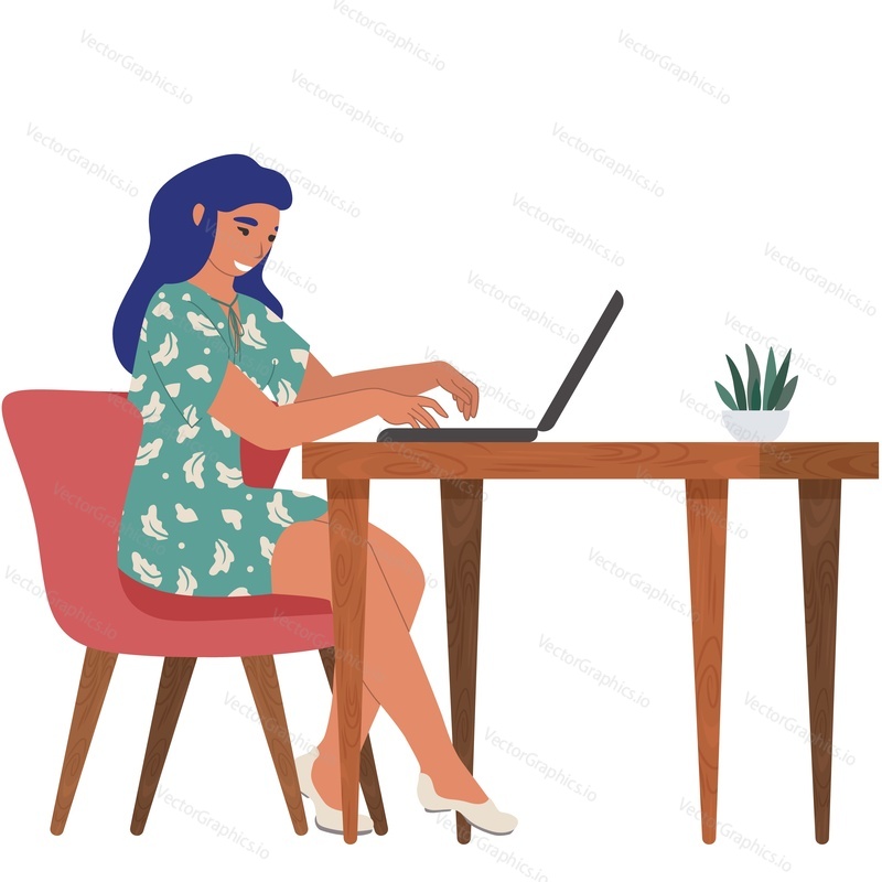 Женщина, работающая на ноутбуке, векторный значок, изолированный на белом фоне
