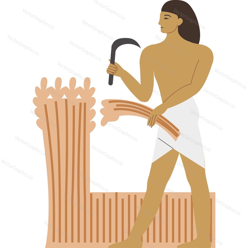 Древнеегипетский крестьянин, косящий тростник, векторная иконка, изолированная на белом фоне, концепция иерархии в Египте.