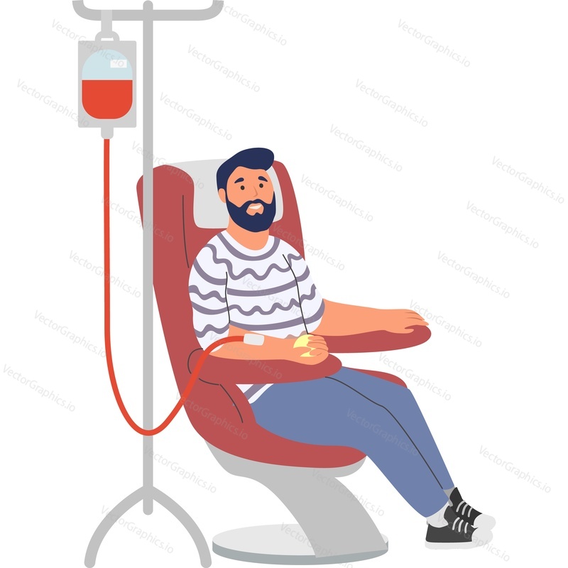 Man donating blood sittine connected to medical drip vector icon isolated on white background.