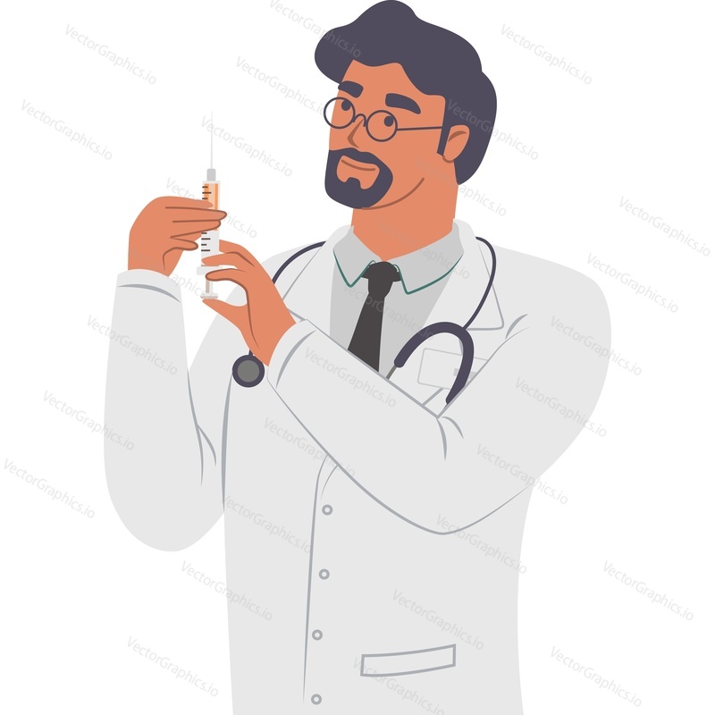Мужчина-врач держит шприц с векторной иконкой вакцины, изолированной на белом фоне