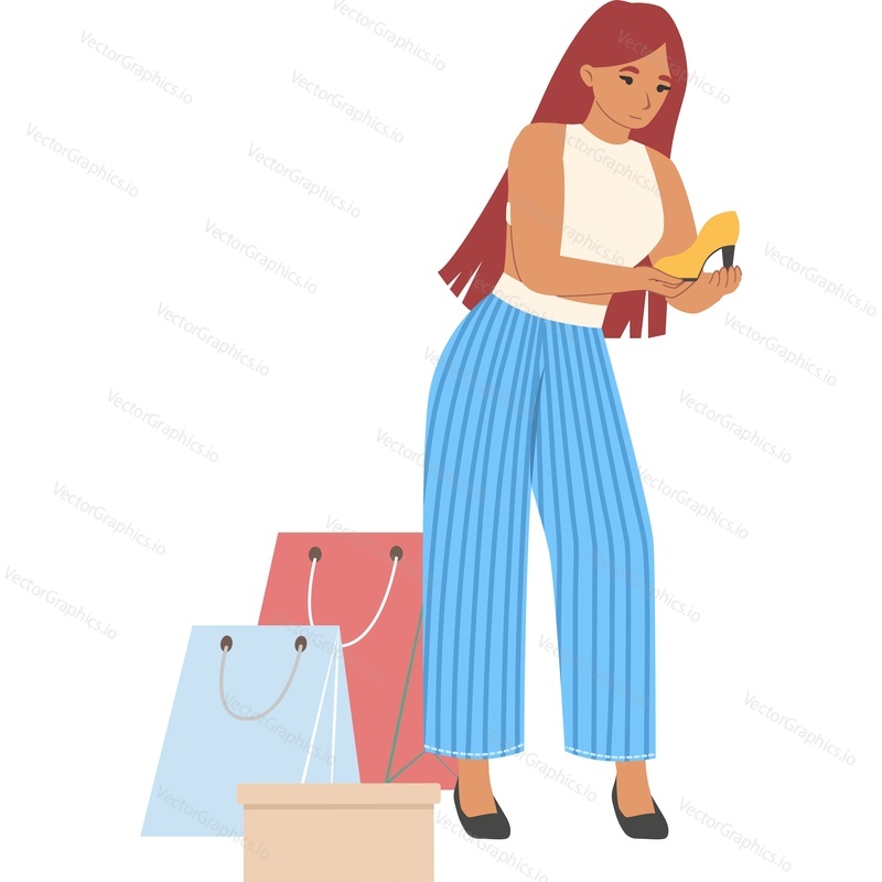 Женщина, покупающая обувь, векторный значок, изолированный на белом фоне