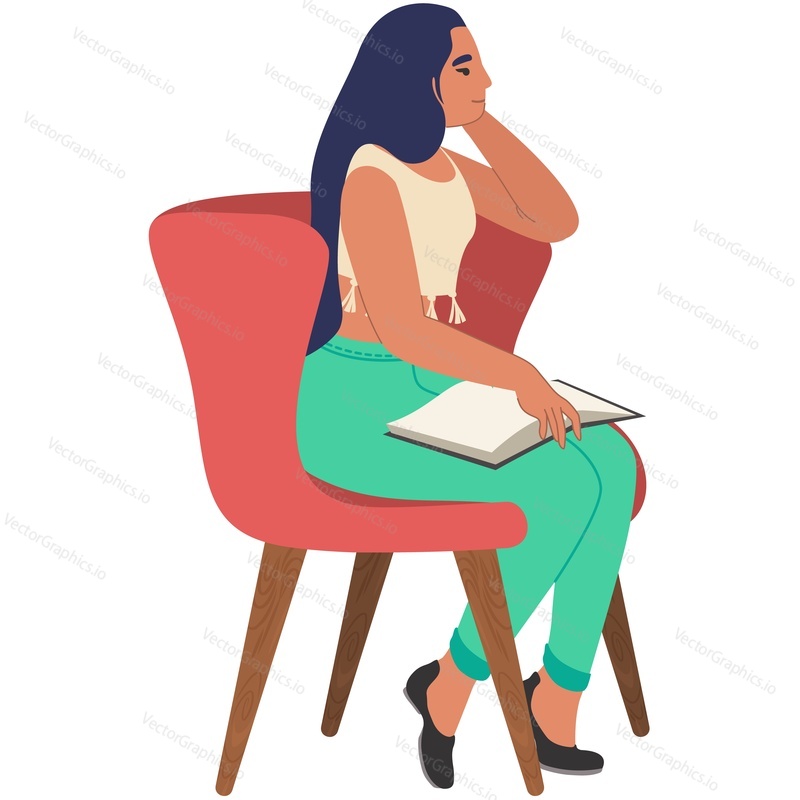Женщина, мечтающая в кресле, векторная иконка, изолированная на белом фоне