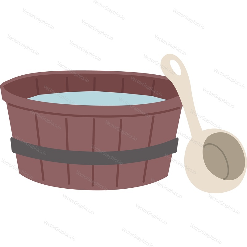 Tub of water and wooden ladle sauna equipment vector icon isolated on white background.