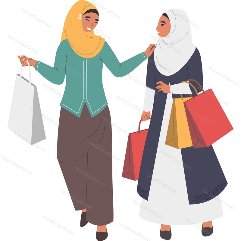 Две мусульманские женщины, несущие сумки с покупками и говорящий векторный значок, изолированный на белом фоне.