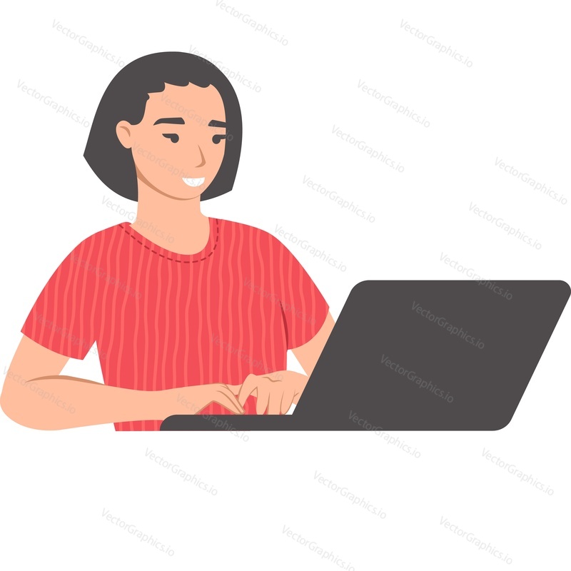 Woman using laptop computer vector icon isolated on white background