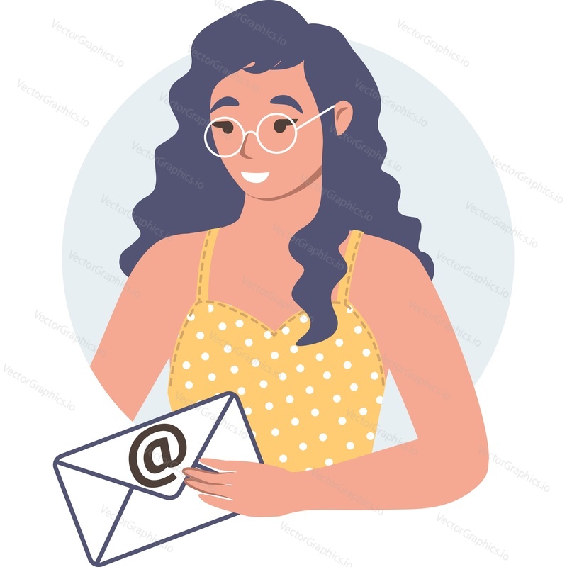 Женщина, получающая или отправляющая электронное письмо, векторный значок, изолированный на белом фоне