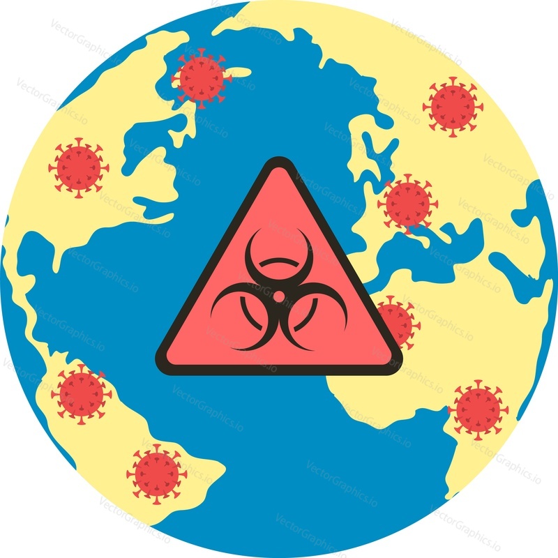 Coronavirus outbreak warning sign over earth globe vector icon isolated on white background. Viral pandemic concept.