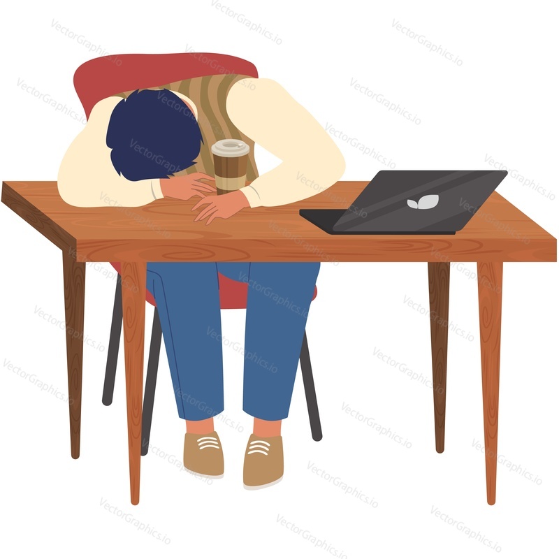 Overworked man sleeping at worktable vector icon isolated on white background