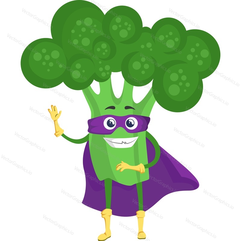 Broccoli superhero character vector icon isolated on white background.