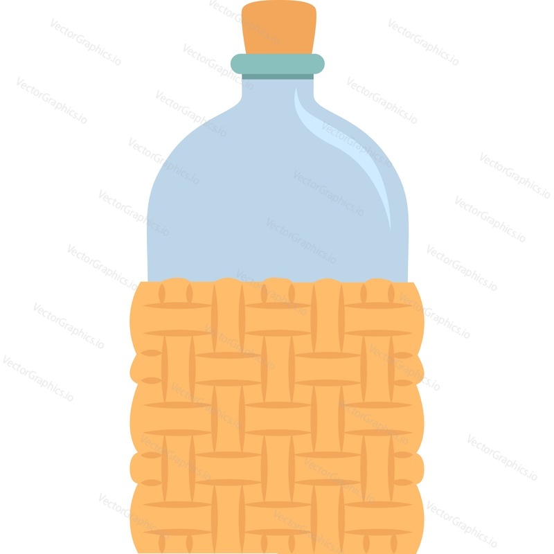 Vintage bottle in wicker basket vector icon isolated on white background