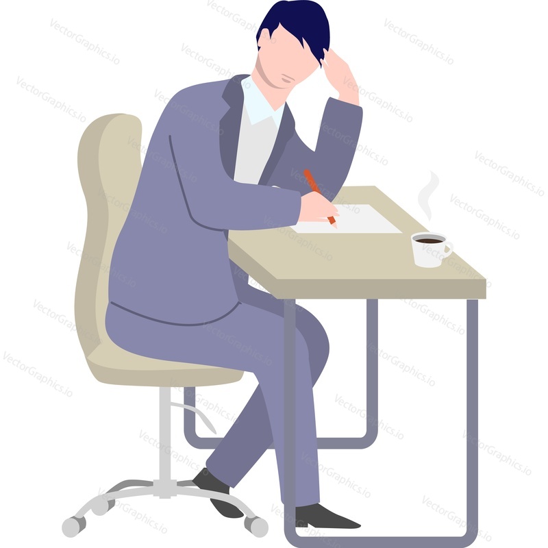 Sad overloaded businessman character writing vector icon isolated on white background.