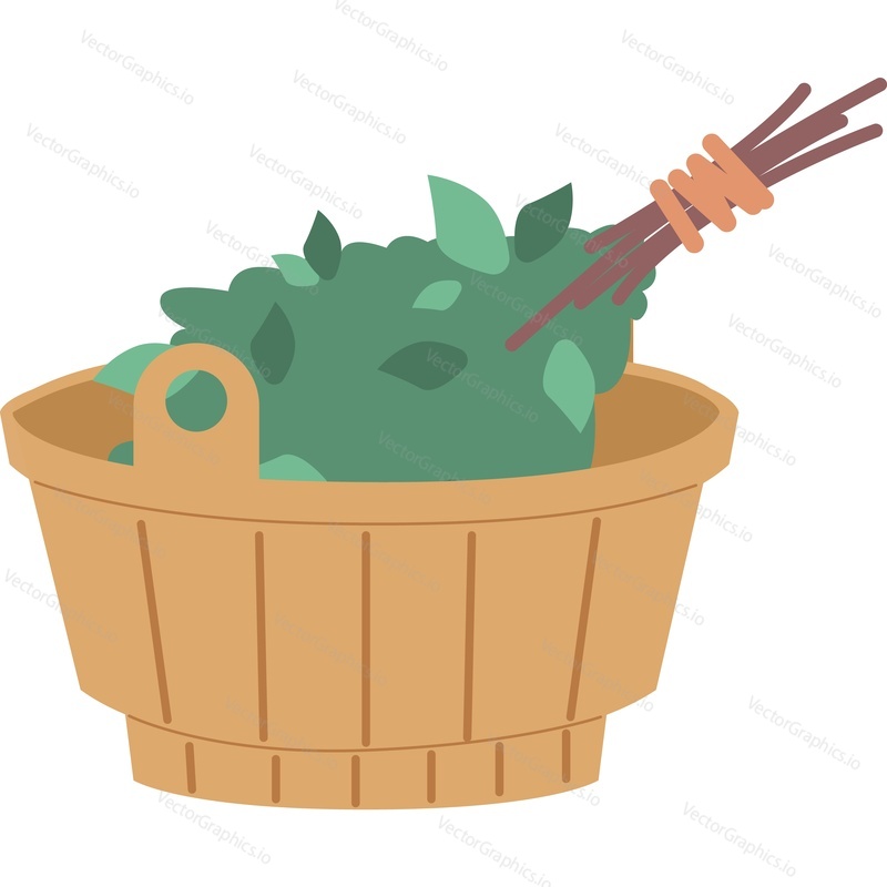 Oak broom in wooden tub sauna equipment vector icon isolated on white background.