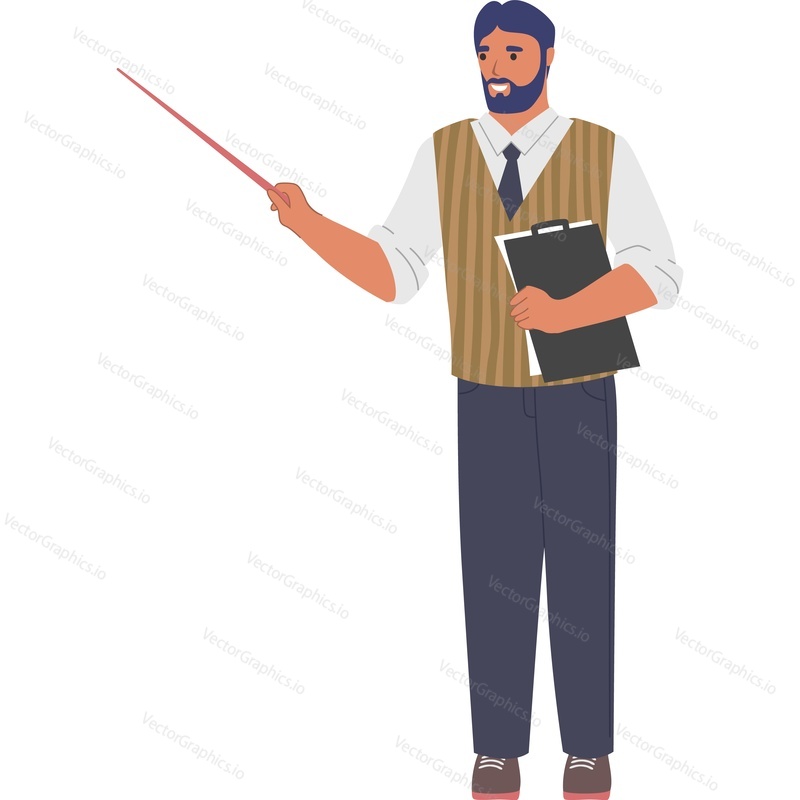 Male teacher with a pointer in his hand vector icon isolated on white background.