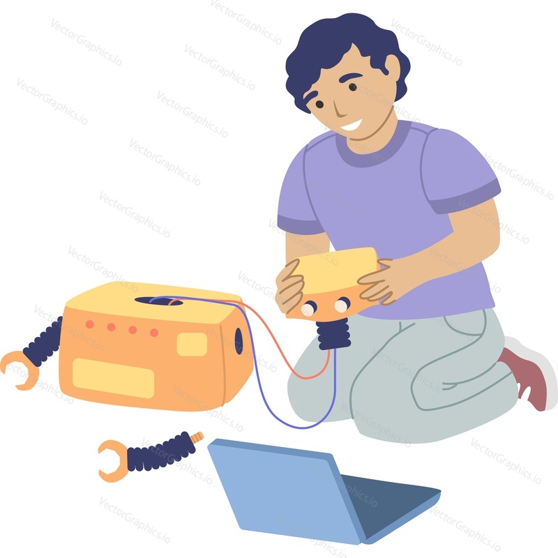 Teenager boy building robot using laptop sudying at robotic school online vector icon isolated on white background.