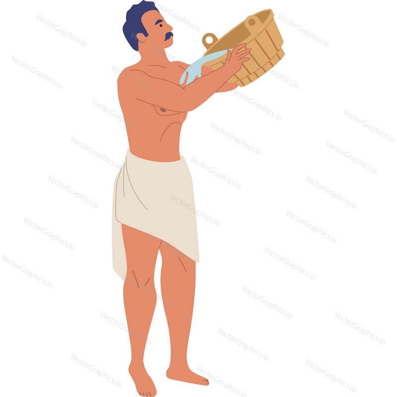 Man pouring cold water from tub in sauna vector icon isolated on white background.
