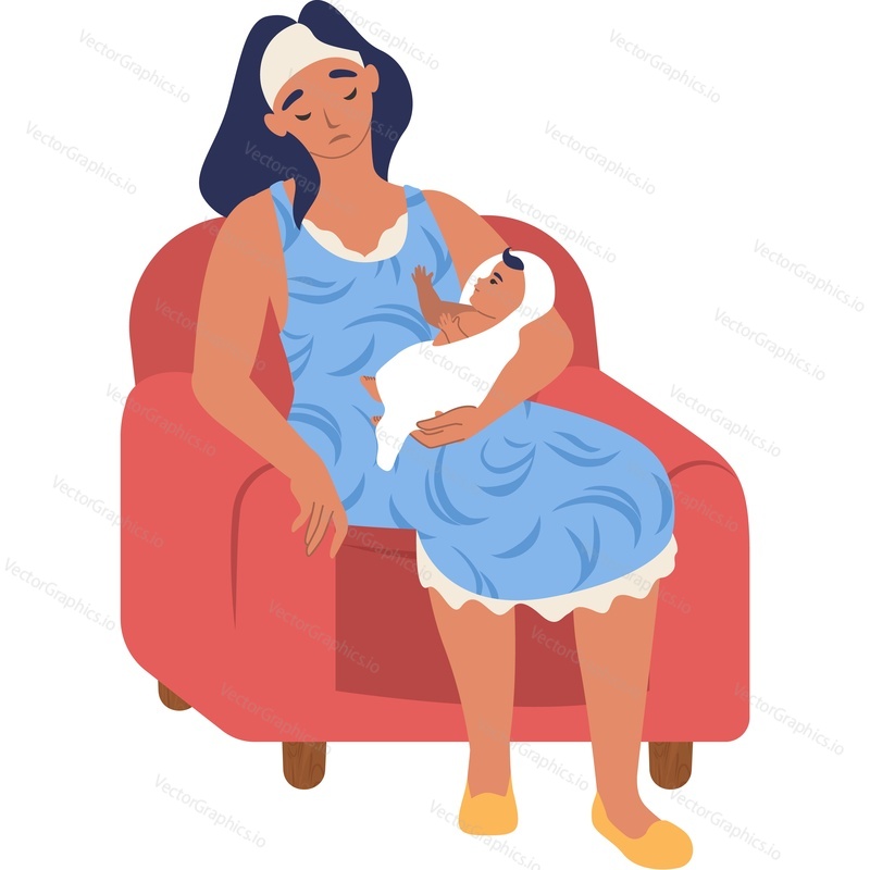 Tired mother with newborn baby vector icon isolated on white background