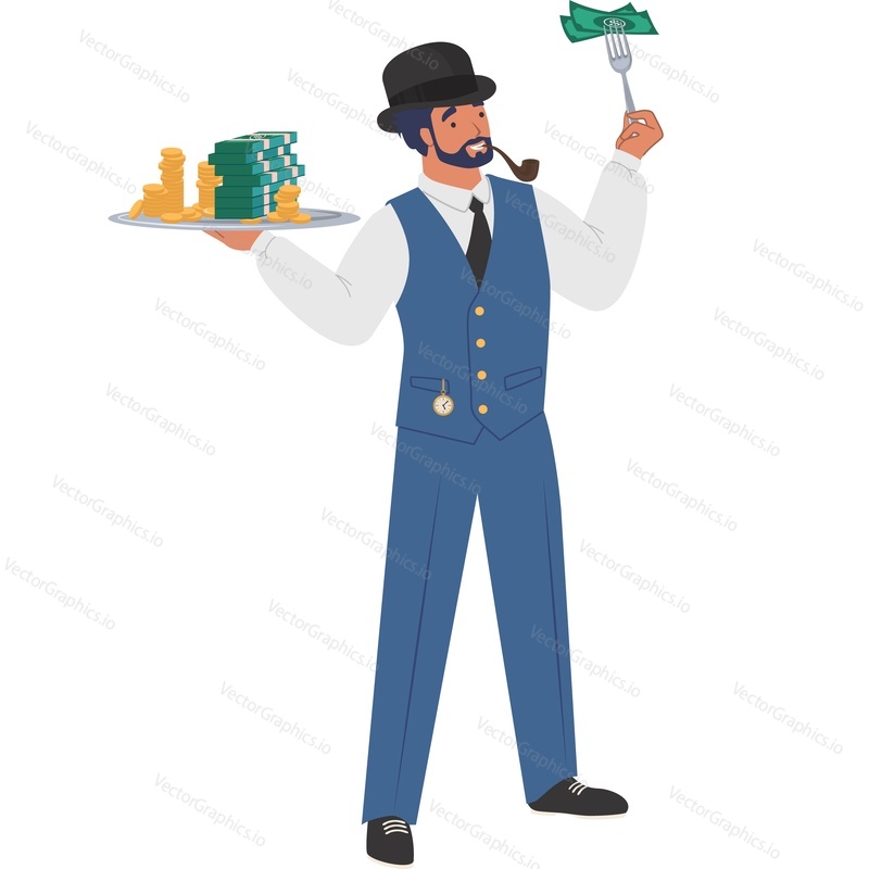 Джентльмен-банкир с деньгами на подносе и векторной иконкой вилки, изолированной на белом фоне