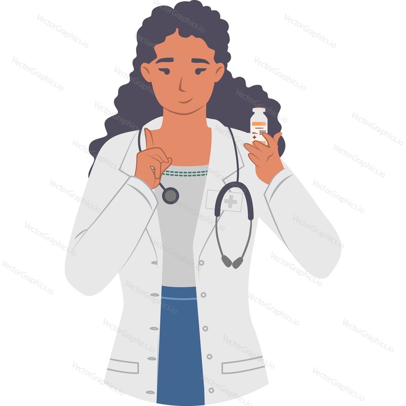Woman doctor giving prescription gesturing attention sign vector icon isolated on white background