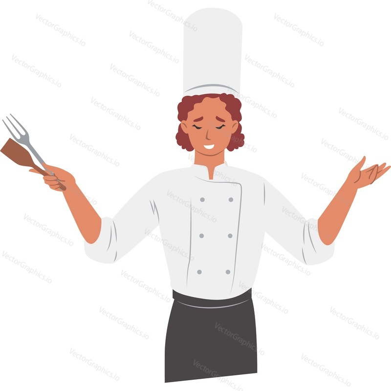 Молодая женщина-шеф-повар жестикулирует, широко раскинув руки, векторная иконка, изолированная на белом фоне