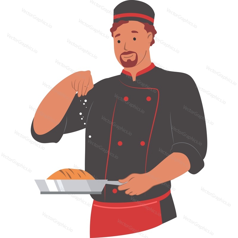 Мужчина-шеф-повар готовит блюдо для засолки на сковороде векторная иконка, изолированная на белом фоне