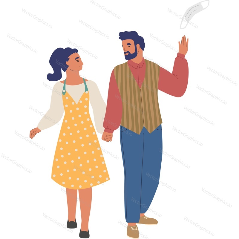 Happy couple walking together vector icon isolated on white background.