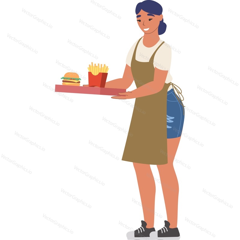 Woman waitress carries fast food on tray vector icon isolated on white background.