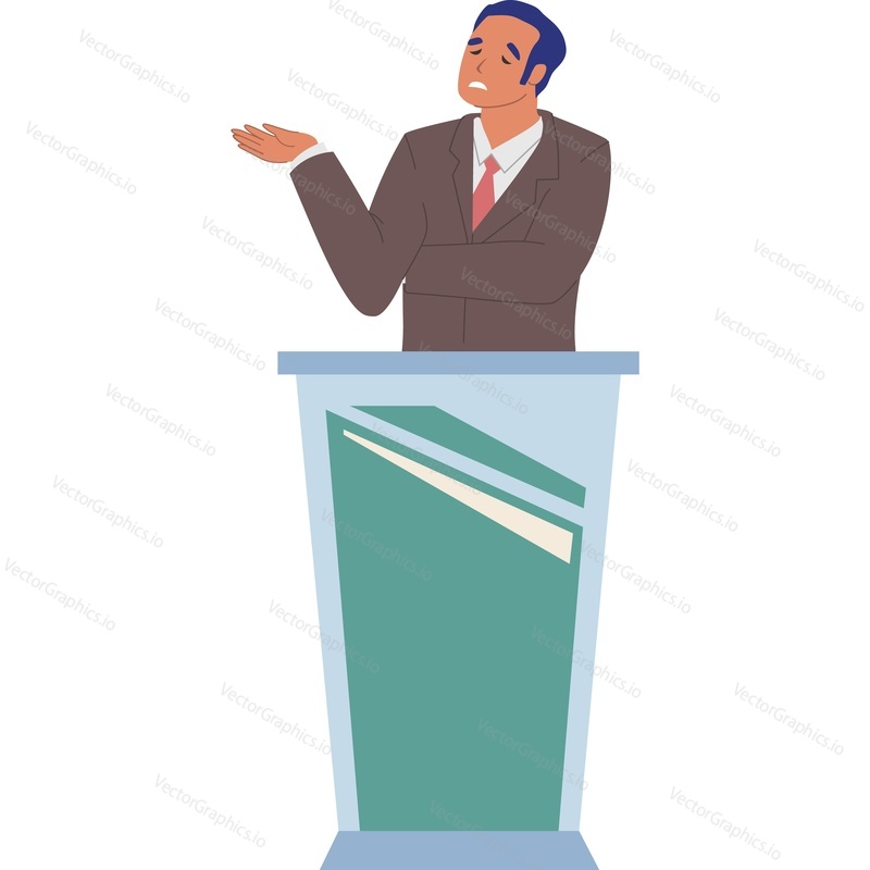 Dissatisfied man behind podium arguing at political debate vector icon isolated on white background.