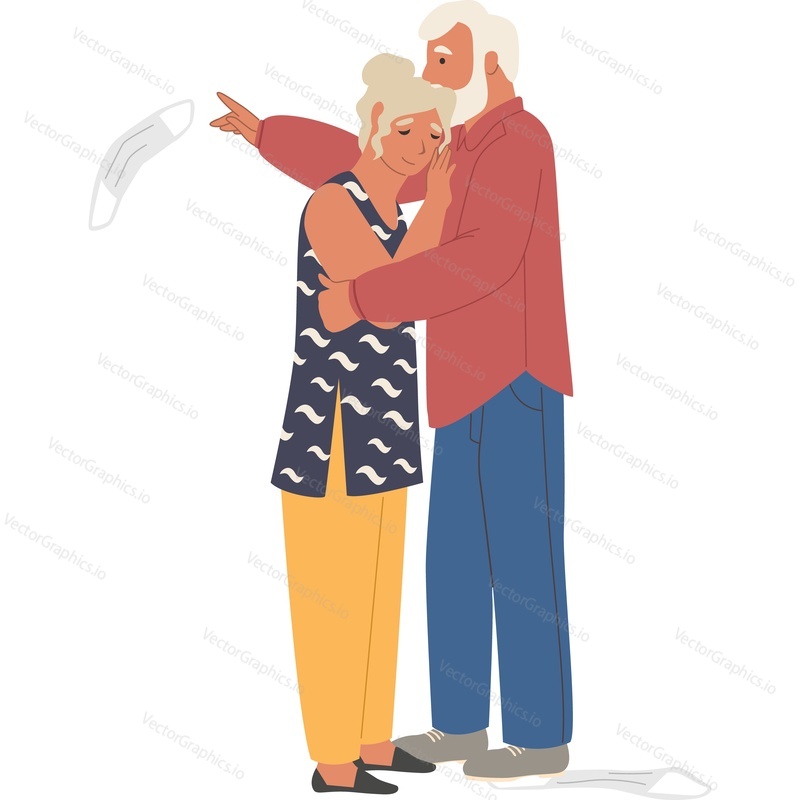 Happy loving elderly couple hugging vector icon isolated on white background.