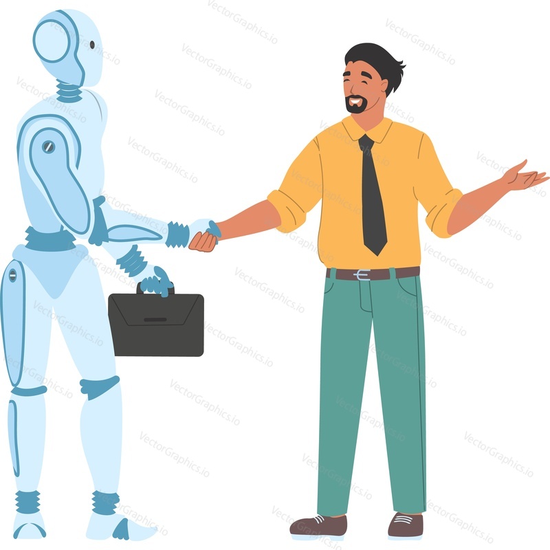 Векторный значок рукопожатия робота с искусственным интеллектом и бизнесмена, изолированный на белом фоне